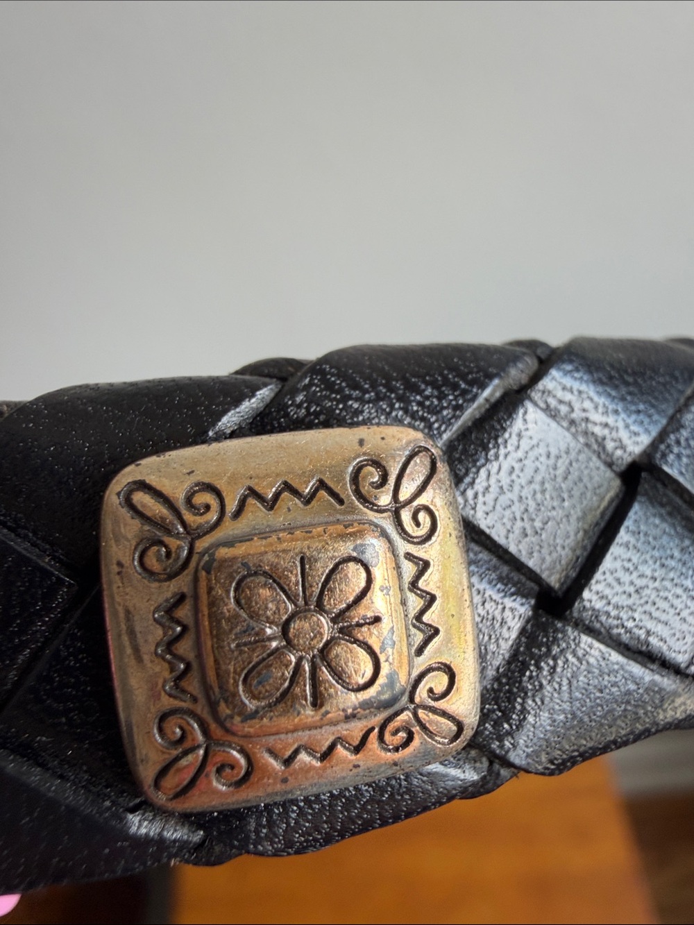 90s Brighton Black Leather Woven and Crocodile Belt - Skinny, Size L - Picture 7 of 16